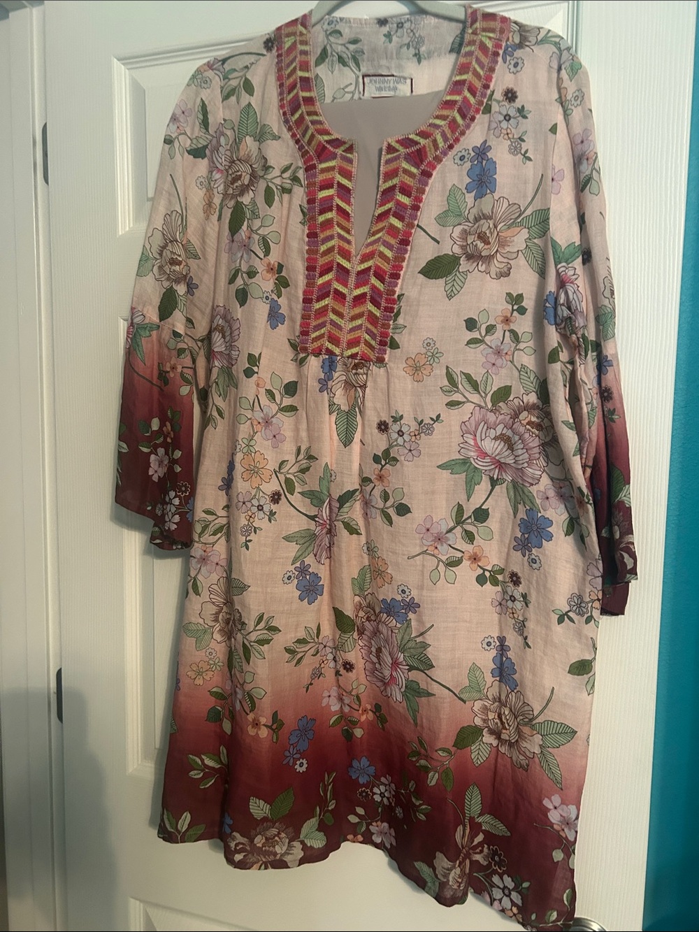 Johnny Was Blush Floral Mini Dress with Burgundy Dip-Dye Hem